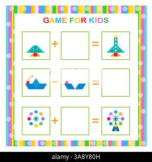 Educational game for kids. Find and draw the missing parts. Children activity page. Worksheet. Stock Vector