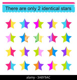 Educational game for kids. Need to find two identical stars. Visual intelligence. Vector illustration. Stock Vector