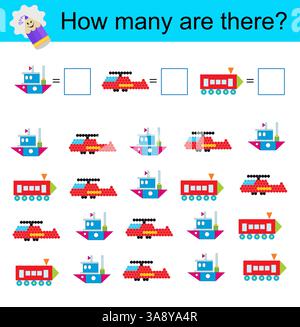 Math activity for kids. Developing numeracy skills. Cartoon helicopter, locomotive, ship. Vector illustration. Stock Vector