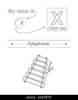 Color the letter and picture. Educational children game. Coloring alphabet. Letter X and xylophone. Stock Vector