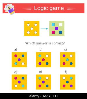 Logic game. Which top view is correct? IQ training test. Printable worksheet. Vector illustration. Answer is E Stock Vector