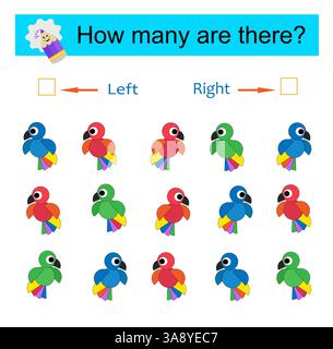 Left or Right. Educational game for kids. Count how many parrots are turned left and how many are turned right. Vector illustration. Stock Vector