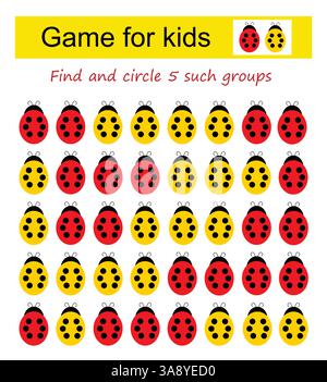 A game for kids. Find the group of ladybugs shown in the sample and circle it. Vector illustration. Stock Vector
