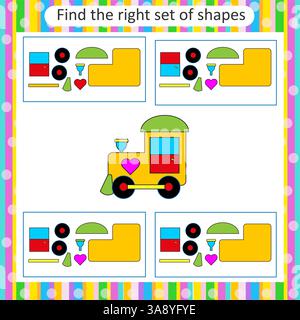 Logic puzzle for kids. Find the correct set of steam train. Preschool worksheet activity. Vector illustration. Stock Vector