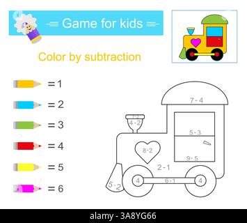 Color by subtraction. Math activity for children. Developing numeracy skills. Number range up to 10. Vector illustration. Stock Vector