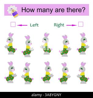 Left or Right. Educational game for kids. Count how many hares are turned left and how many are turned right. Vector illustration. Stock Vector