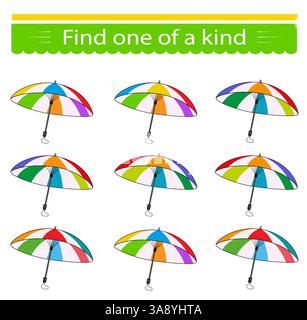 Educational game for children. Need to find one of a kind umbrella. Visual intelligence. Vector illustration. Stock Vector