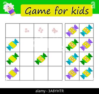 Puzzle task, game for preschool kids. Developing numeracy skills. Cartoon candy. Vector illustration. Stock Vector