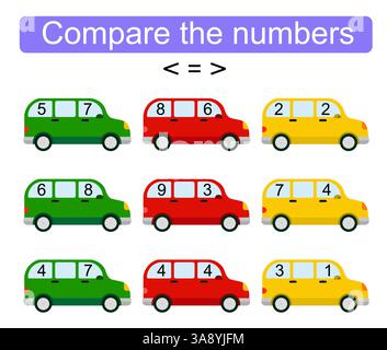 Math activity for kids. Compare the numbers. Number range up to 10. Vector illustration Stock Vector