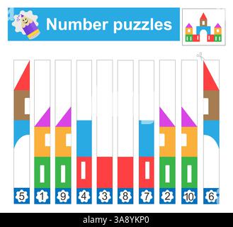 Number puzzles with cartoon house. Cut and assemble. Preschool worksheet activity. Printable worksheet. Stock Vector