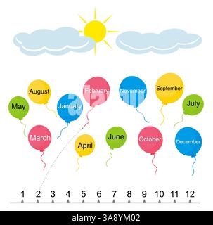 Month names in English. Educational game  for kids. Vector illustration. Stock Vector