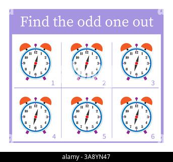 Puzzle game for preschool kids. Task for development of attention and logic. Cartoon alarm clock. Vector illustration. Stock Vector