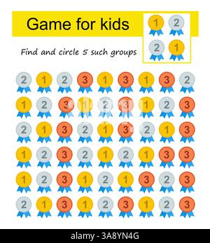 A game for kids. Find the group of medals shown in the sample and circle. Vector illustration. Stock Vector
