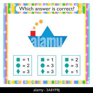 Math activity for kids. Find the correct answer. Cartoon paper boat. Vector illustration. Stock Vector