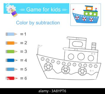 Color by subtraction. Math activity for kids. Developing numeracy skills. Number range up to 10. Stock Vector