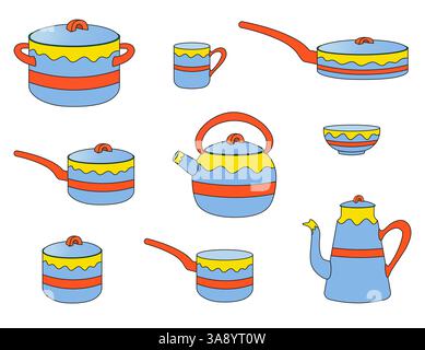 Set of cartoon cooking pots, saucepan, skillet, mug, bowl, jug. Isolated cookware with cute pattern on white background. Kids design. Vector image 3D. Stock Vector