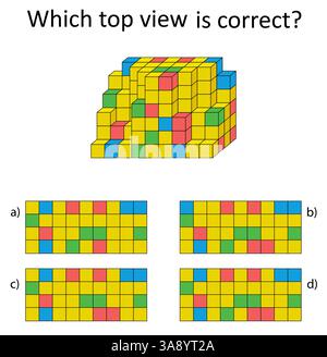 Logic game. Which top vıew is correct? IQ training test. Visual intellect. Vector illustration. Answer is D. Stock Vector
