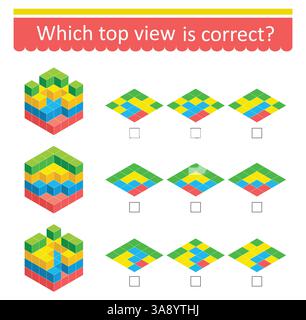 Puzzle game. Which top vıew is correct? IQ training test. Vector illustration. Stock Vector