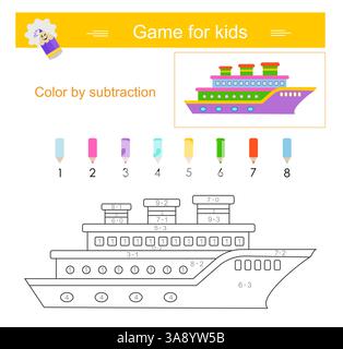 Color by subtraction. Math activity for kids. Developing numeracy skills. Number range up to 10. Stock Vector