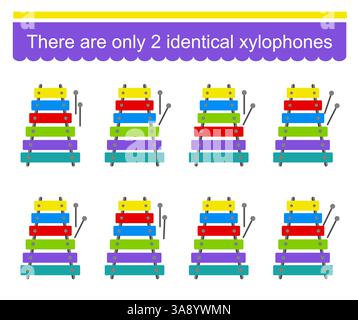 Fun puzzle game for children. Need to find two identical xylophones. Task for development of attention and logic. Vector illustration. Stock Vector