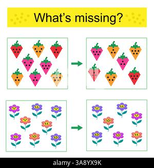 Puzzle game. Task for the development of attention and logic for children. Find the missing object. Cartoon strawberry, flower. Stock Vector
