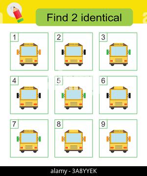 Fun puzzle game. Need to find two identical  buses. Answer is  3,7. Vector illustration. Stock Vector