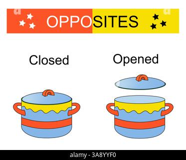 Educational material for kids. Opposites words: opened closed. Vector illustration. Stock Vector