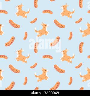 Seamless pattern with cute corgi dogs and meat sausages. Funny print of a pet running after sausages. For packaging pet products, textiles, wrapping paper. Stock Vector