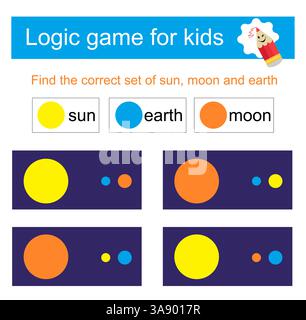Logic game for kids. Need to find the correct set of sun, moon and earth. Vector illustration. Flat style design. Stock Vector