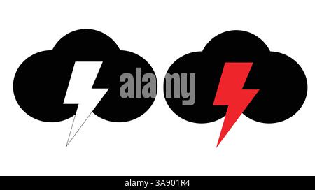 Minimalist Thunderstorm Icon,   Black Cloud with White and Red Lightning Bolt Symbol Stock Vector