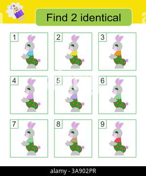 Fun puzzle game. Need to find two identical rabbits. Task for development of attention and logic. Vector illustration. Stock Vector