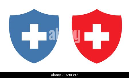 Medical shield icons in blue and red on white background Stock Vector