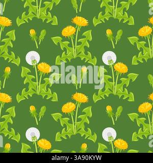 A vibrant and lively, repeating pattern showcasing cheerful yellow and white dandelions on a lush green backdrop Stock Vector