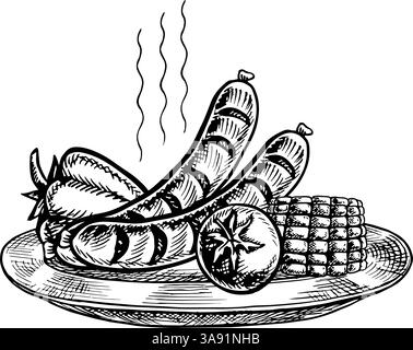 Grilled sausages with vegetables. Vector graphics depicting a barbecue. A black-and-white hand-drawn illustration. On a white background. For a menu, Stock Vector