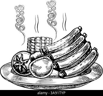 Lamb ribs with vegetables. Vector graphics depicting a barbecue. A black-and-white hand-drawn illustration. On a white background. For a menu, poster, Stock Vector