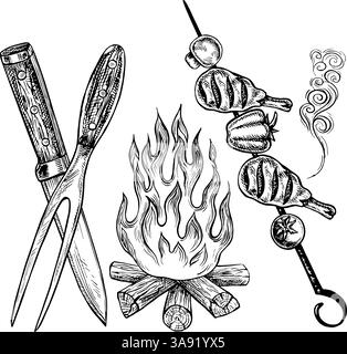 Drumsticks with vegetables on a skewer, a bonfire and a knife and fork. Vector graphics depicting a barbecue. A black-and-white hand-drawn illustratio Stock Vector