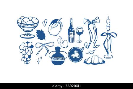 Hand drawn summer doodles, beach party, summer picnic elements, fruits, wine, candles and bows. Summertime line icon vector set Stock Vector