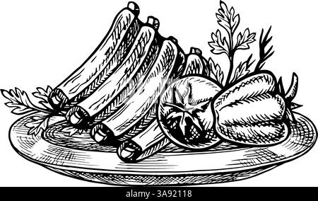 Lamb ribs with vegetables. Vector graphics depicting a barbecue. A black-and-white hand-drawn illustration. On a white background. For a menu, poster, Stock Vector