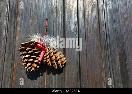 Pine cones, pine cones, minimalist Christmas decoration on a wooden door, narrow door, Haria, Lanzarote, Canary Islands, Spain, Europe Stock Photo