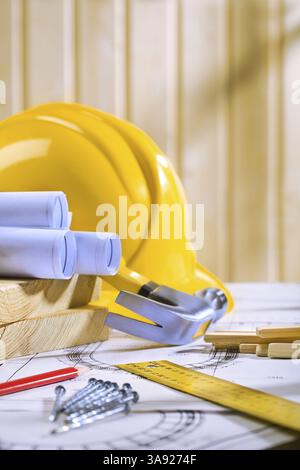 Carpentry tools on blueprint Stock Photo