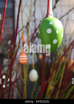 Close-Up of Coloured Decorative Easter Eggs Hanging on a Willow Branch in Sunlight. Vilnius, Lithuania Stock Photo