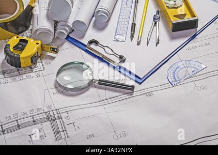 View on the architect tools on blueprint Stock Photo