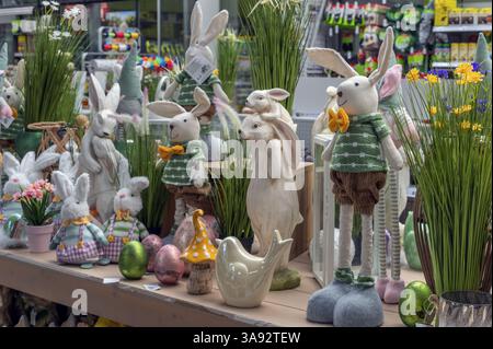 Various Easter bunny figures in a DIY store, Allgaeu, Swabia, Bavaria, Germany, Europe Stock Photo