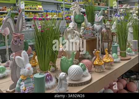 Various Easter bunny figures and gnomes in a DIY store, Allgaeu, Swabia, Bavaria, Germany, Europe Stock Photo