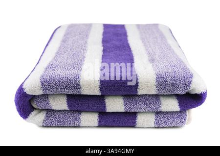 Carefully folded soft striped bath purple towel isolated on white background. Terry cloth, striped pattern towel texture, cotton bath textile or micro Stock Photo