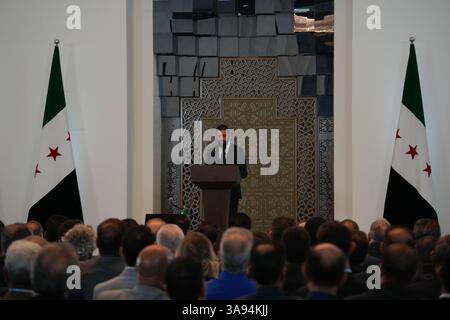 Damascus, Syria. 29th Mar, 2025. Syria's President Ahmed al-Sharaa speaks during the ceremony announcing the new Syrian government at the People's Palace. Credit: Moawia Atrash/dpa/Alamy Live News Stock Photo