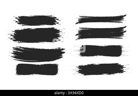 Brush strokes. Vector paintbrush set. Grunge design elements. Rectangle text boxes. Thin dirty distress texture banners. Ink splatters. Grungy painted Stock Vector