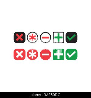 Check mark, cross, plus, minus validation button on white background. 1 Stock Vector