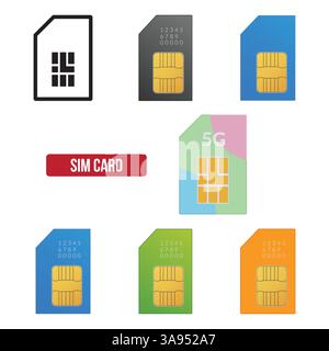 Color sim card icon set flat vector illustration. Stock Vector