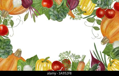 Fall vegetables harvest watercolor rectangle frame isolated on white. Farm plants templatefor rustic farm designs. Stock Photo